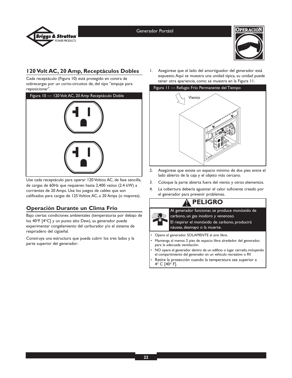 Peligro, Operación durante un clima frío | Briggs & Stratton 01971 User Manual | Page 22 / 37