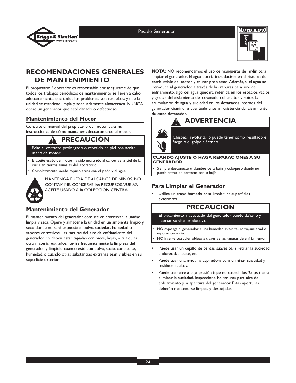 Recomendaciones generales de mantenimiento, Precaución, Advertencia | Briggs & Stratton 01971 User Manual | Page 24 / 37