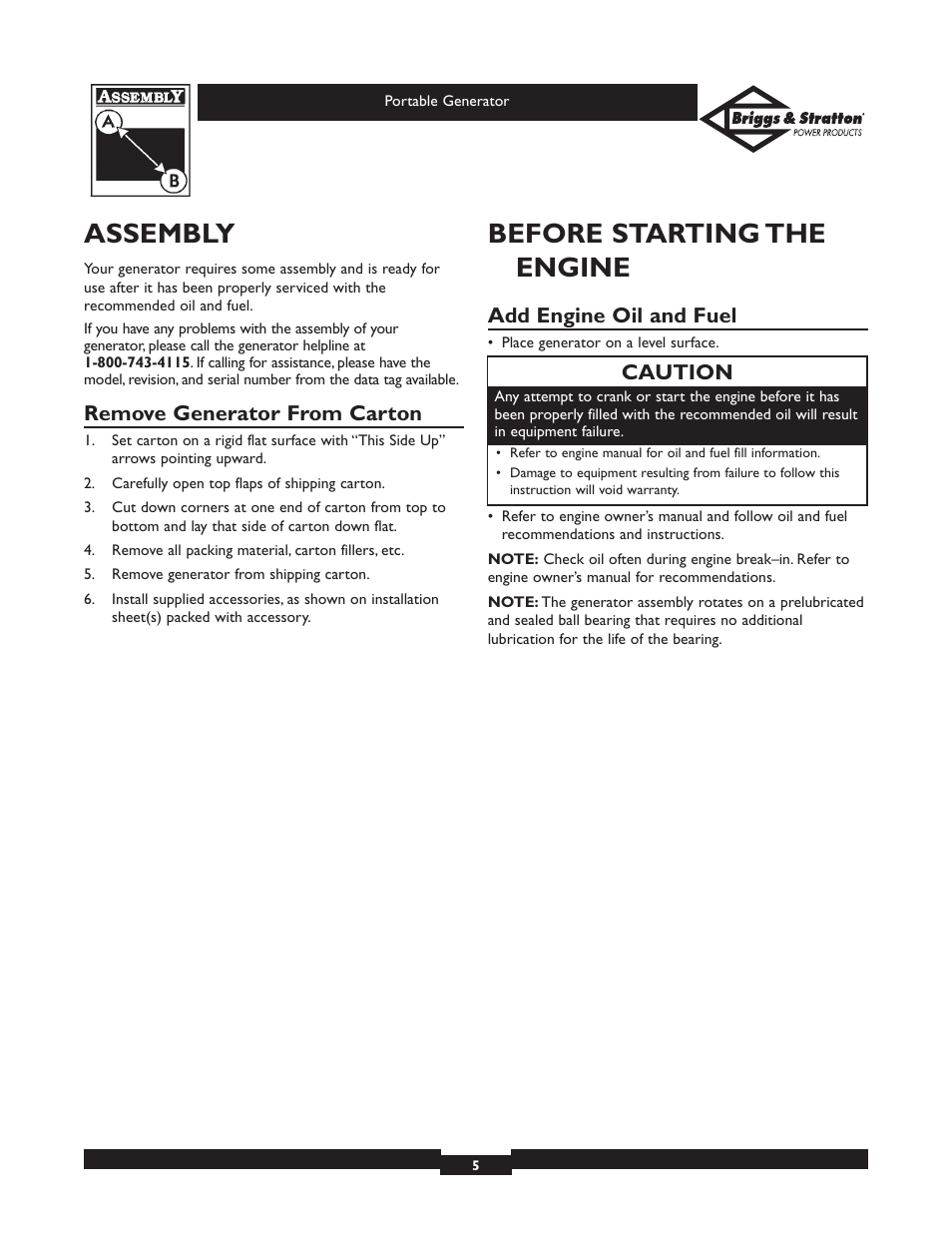 Assembly, Before starting the engine, Remove generator from carton | Add engine oil and fuel, Caution | Briggs & Stratton 01971 User Manual | Page 5 / 37