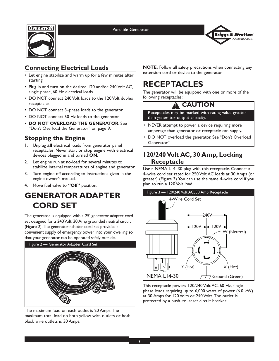 Generator adapter cord set, Receptacles, Connecting electrical loads | Stopping the engine, Caution | Briggs & Stratton 01971 User Manual | Page 7 / 37