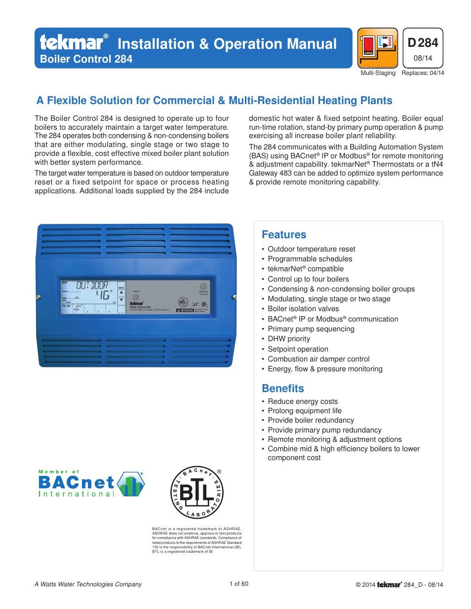 tekmar 284 Boiler Control User Manual | 60 pages