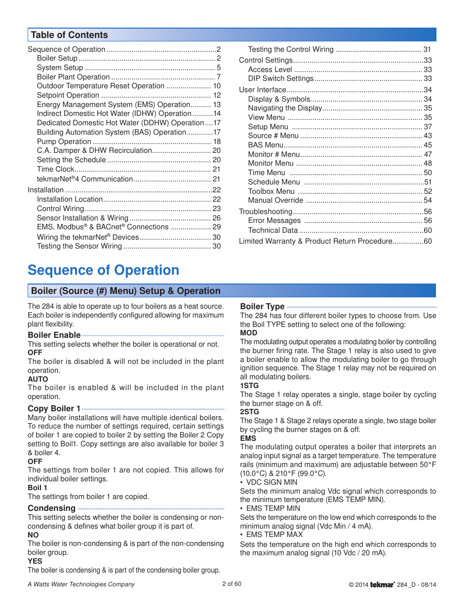 Sequence of operation | tekmar 284 Boiler Control User Manual | Page 2 / 60