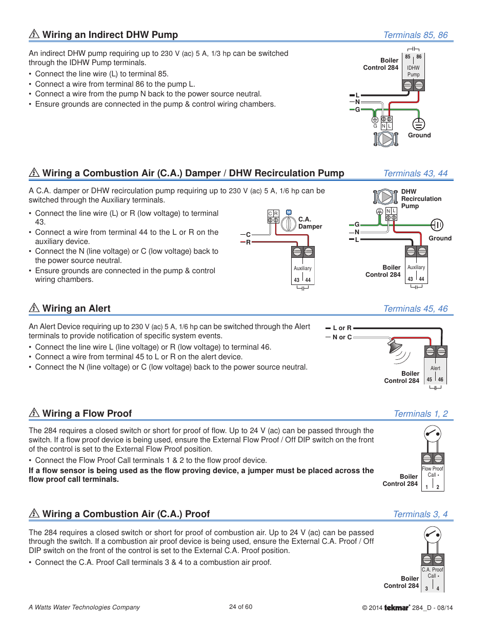 Wiring an indirect dhw pump, Wiring an alert, Wiring a flow proof | Wiring a combustion air (c.a.) proof, Terminals 85, 86, Terminals 43, 44, Terminals 45, 46, Terminals 1, 2, Terminals 3, 4 | tekmar 284 Boiler Control User Manual | Page 24 / 60