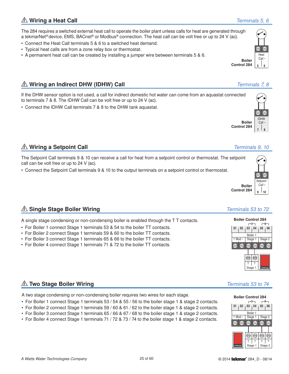 Wiring a heat call, Wiring an indirect dhw (idhw) call, Wiring a setpoint call | Single stage boiler wiring, Two stage boiler wiring, Terminals 5, 6, Terminals 7, 8, Terminals 9, 10, Terminals 53 to 72, Terminals 53 to 74 | tekmar 284 Boiler Control User Manual | Page 25 / 60