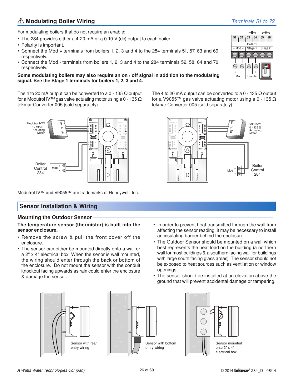 Sensor installation & wiring, Modulating boiler wiring, Terminals 51 to 72 | Mounting the outdoor sensor | tekmar 284 Boiler Control User Manual | Page 26 / 60