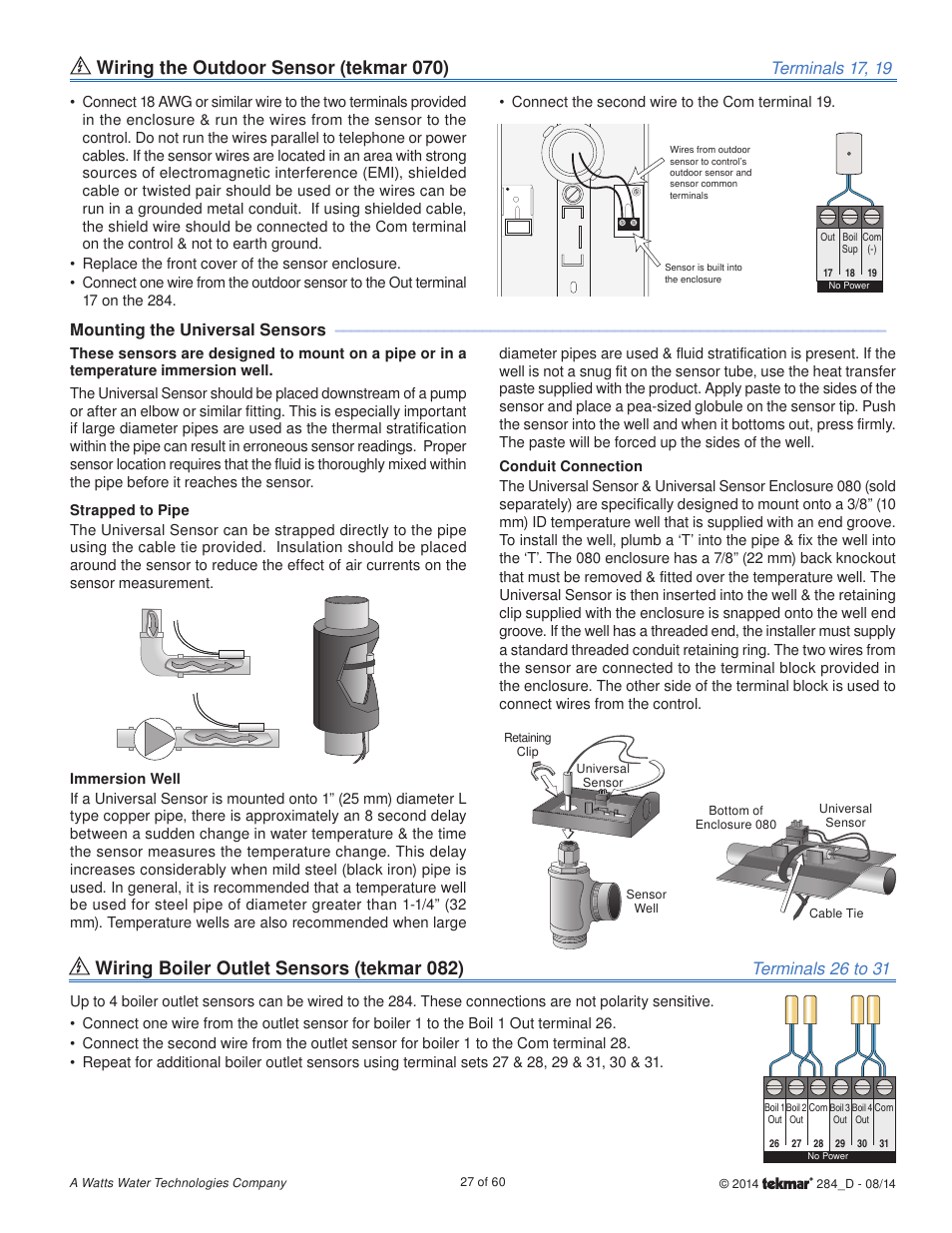 Wiring boiler outlet sensors (tekmar 082), Wiring the outdoor sensor (tekmar 070), Terminals 26 to 31 | Terminals 17, 19, Mounting the universal sensors | tekmar 284 Boiler Control User Manual | Page 27 / 60