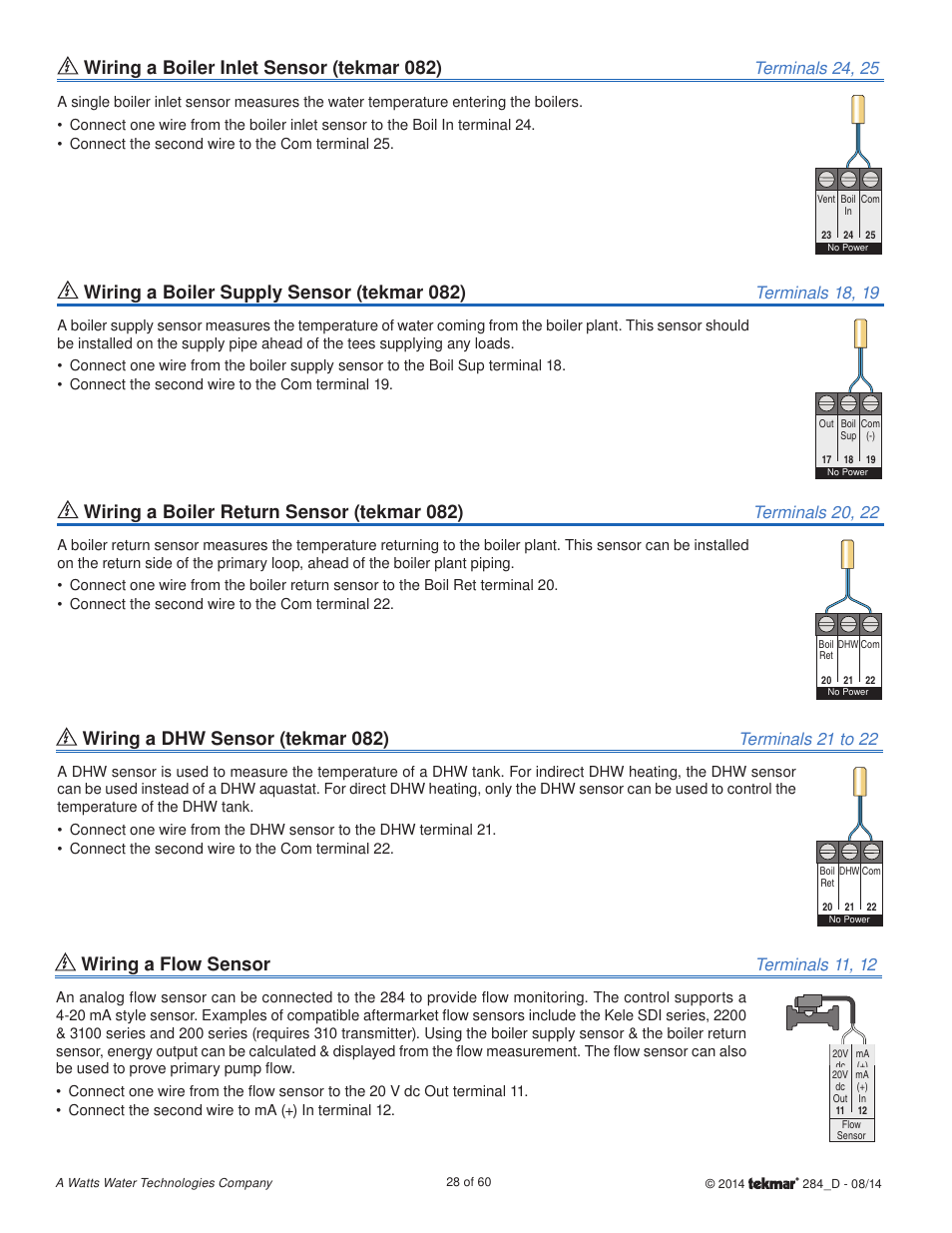Wiring a boiler inlet sensor (tekmar 082), Wiring a boiler return sensor (tekmar 082), Wiring a boiler supply sensor (tekmar 082) | Wiring a dhw sensor (tekmar 082), Wiring a flow sensor, Terminals 24, 25, Terminals 20, 22, Terminals 18, 19, Terminals 21 to 22, Terminals 11, 12 | tekmar 284 Boiler Control User Manual | Page 28 / 60