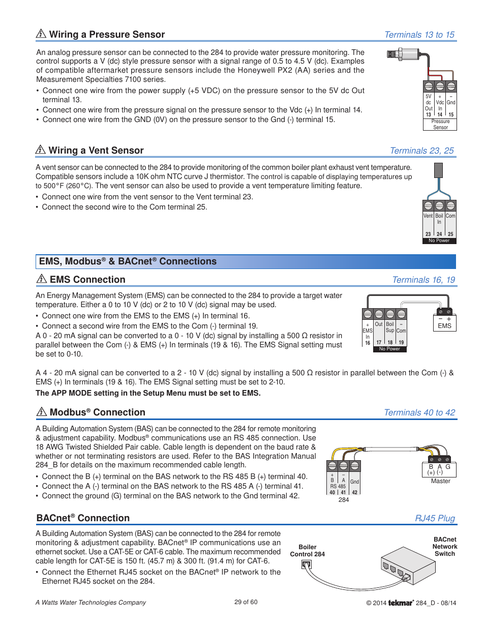 Wiring a pressure sensor, Wiring a vent sensor, Ems connection | Modbus, Connection, Bacnet, Ems, modbus, Connections, Terminals 13 to 15, Terminals 23, 25 | tekmar 284 Boiler Control User Manual | Page 29 / 60