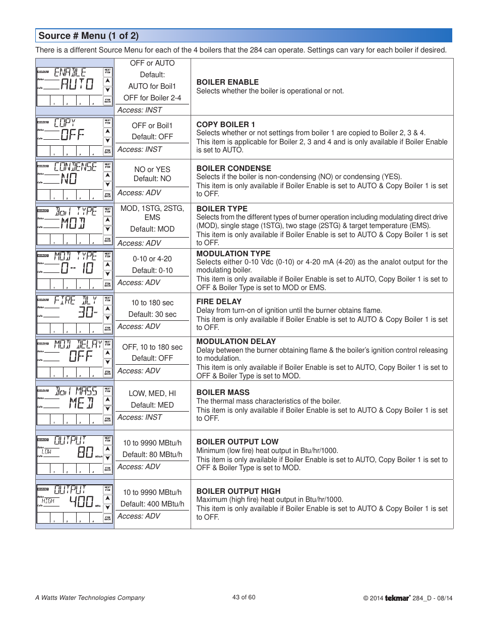 Source # menu (1 of 2) | tekmar 284 Boiler Control User Manual | Page 43 / 60