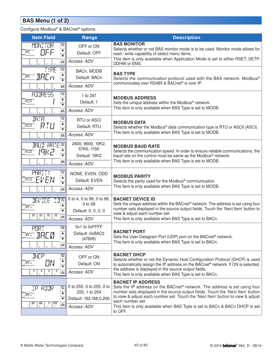 Bas menu (1 of 2) | tekmar 284 Boiler Control User Manual | Page 45 / 60