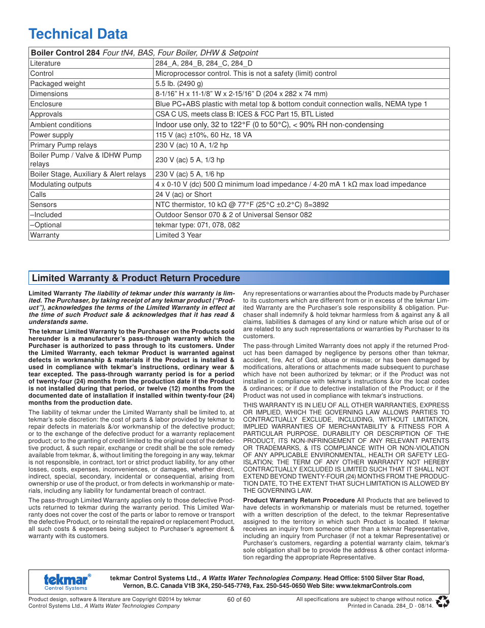 Technical data, Limited warranty & product return procedure | tekmar 284 Boiler Control User Manual | Page 60 / 60