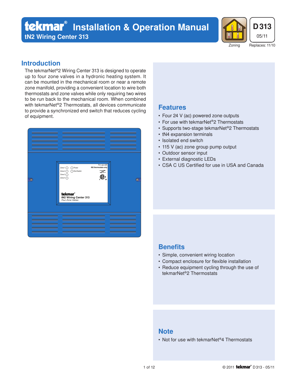 tekmar 313 tN2 Wiring Center Installation User Manual | 12 pages