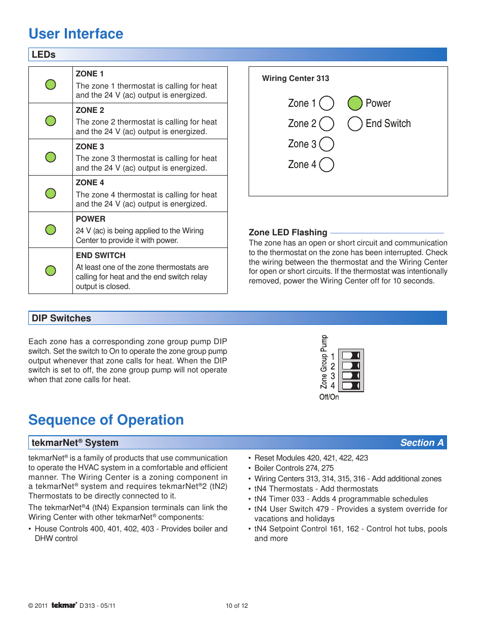 Sequence of operation, User interface, Power zone 1 zone 2 zone 3 zone 4 end switch | tekmar 313 tN2 Wiring Center Installation User Manual | Page 10 / 12