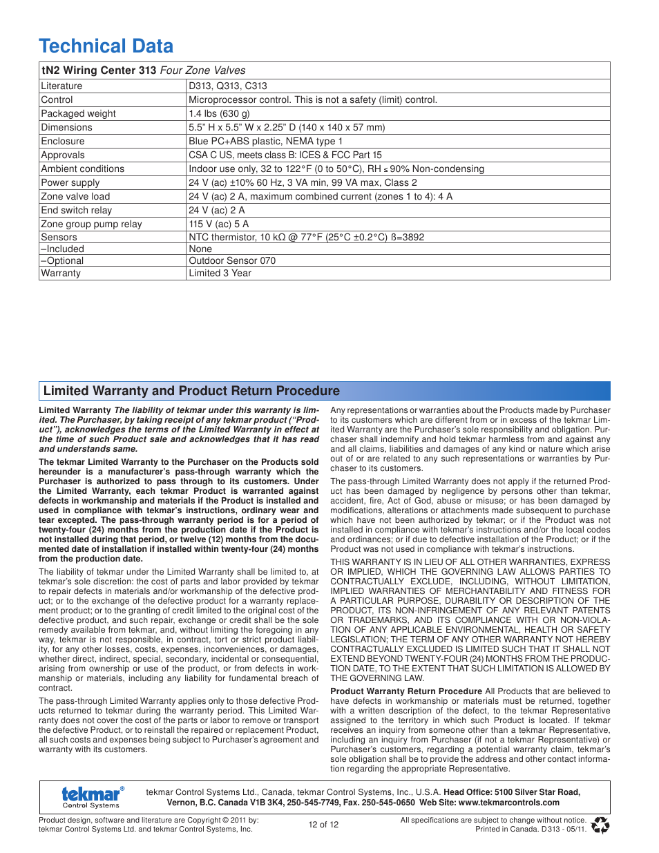 Technical data, Limited warranty and product return procedure | tekmar 313 tN2 Wiring Center Installation User Manual | Page 12 / 12