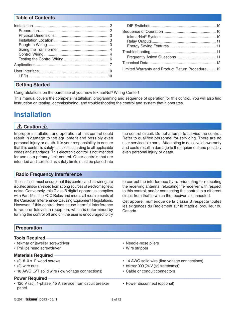 Installation | tekmar 313 tN2 Wiring Center Installation User Manual | Page 2 / 12