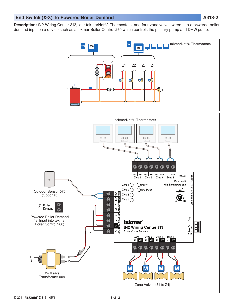 End switch (x-x) to powered boiler demand a313-2 | tekmar 313 tN2 Wiring Center Installation User Manual | Page 8 / 12