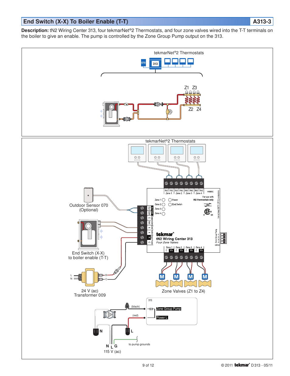 End switch (x-x) to boiler enable (t-t) a313-3 | tekmar 313 tN2 Wiring Center Installation User Manual | Page 9 / 12