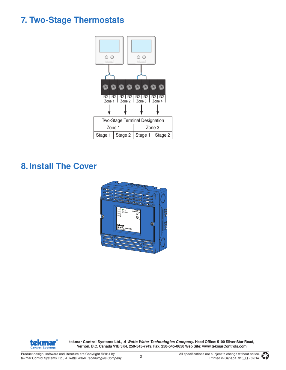 Install the cover 7. two-stage thermostats | tekmar 313 tN2 Wiring Center Quick Start User Manual | Page 3 / 8