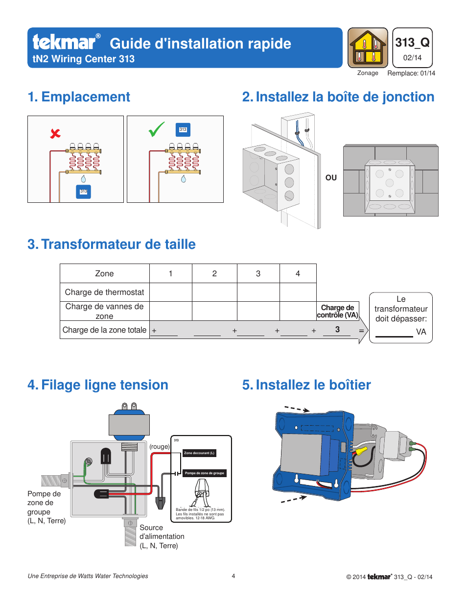 Guide d'installation rapide, Installez le boîtier, 313_q | Tn2 wiring center 313 | tekmar 313 tN2 Wiring Center Quick Start User Manual | Page 4 / 8