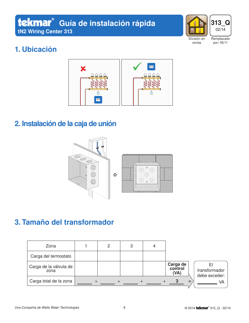 Guía de instalación rápida, 313_q, Tn2 wiring center 313 | tekmar 313 tN2 Wiring Center Quick Start User Manual | Page 6 / 8