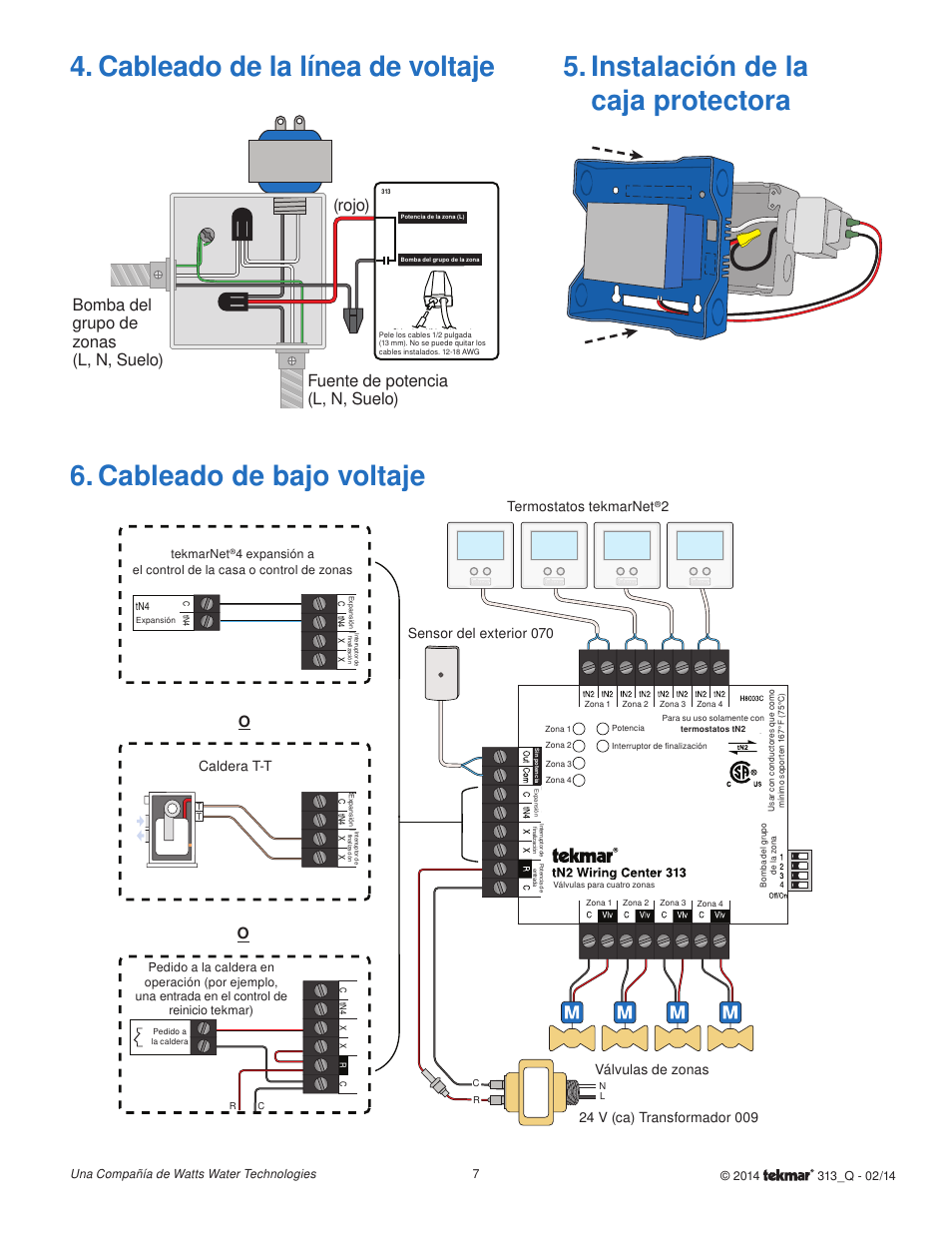 Rojo) fuente de potencia (l, n, suelo), Bomba del grupo de zonas (l, n, suelo), Caldera t-t termostatos tekmarnet | Sensor del exterior 070 | tekmar 313 tN2 Wiring Center Quick Start User Manual | Page 7 / 8