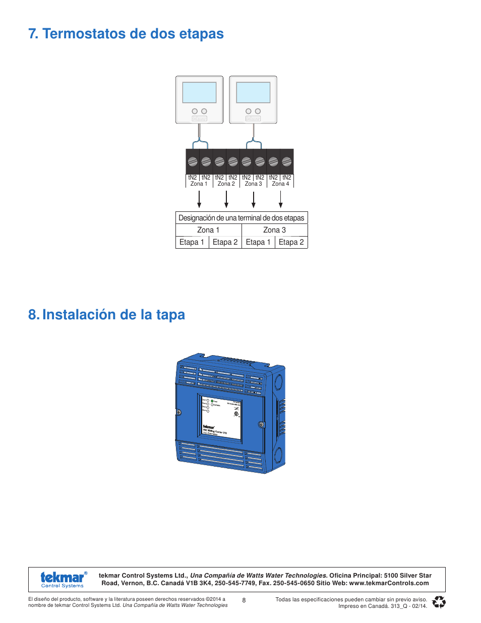 tekmar 313 tN2 Wiring Center Quick Start User Manual | Page 8 / 8