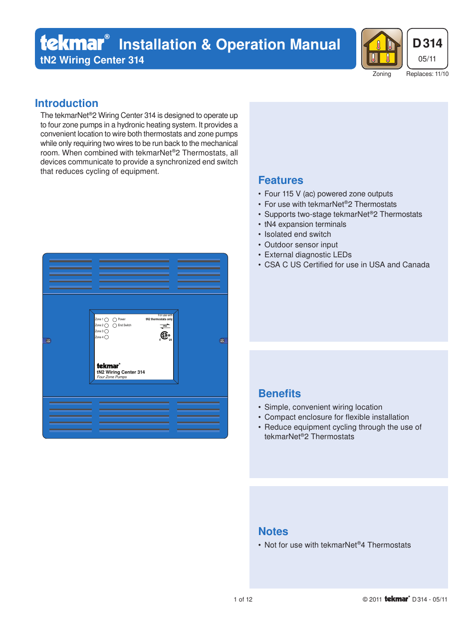 tekmar 314 tN2 Wiring Center Installation User Manual | 12 pages