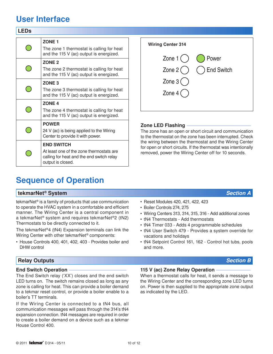 Sequence of operation, User interface, Power zone 1 zone 2 zone 3 zone 4 end switch | tekmar 314 tN2 Wiring Center Installation User Manual | Page 10 / 12