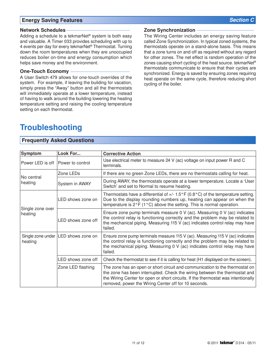 Troubleshooting | tekmar 314 tN2 Wiring Center Installation User Manual | Page 11 / 12