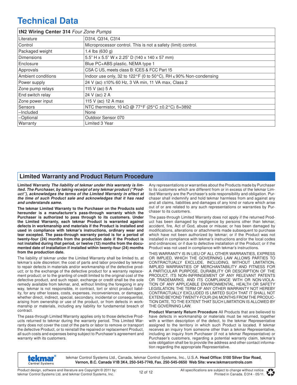 Technical data, Limited warranty and product return procedure | tekmar 314 tN2 Wiring Center Installation User Manual | Page 12 / 12