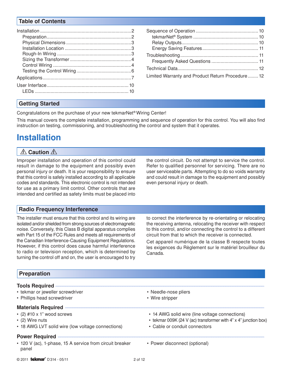 Installation | tekmar 314 tN2 Wiring Center Installation User Manual | Page 2 / 12