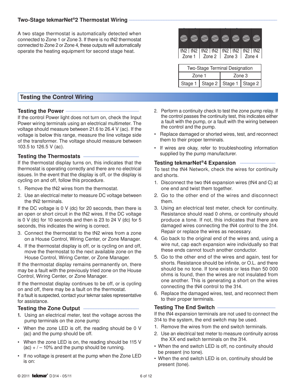 tekmar 314 tN2 Wiring Center Installation User Manual | Page 6 / 12