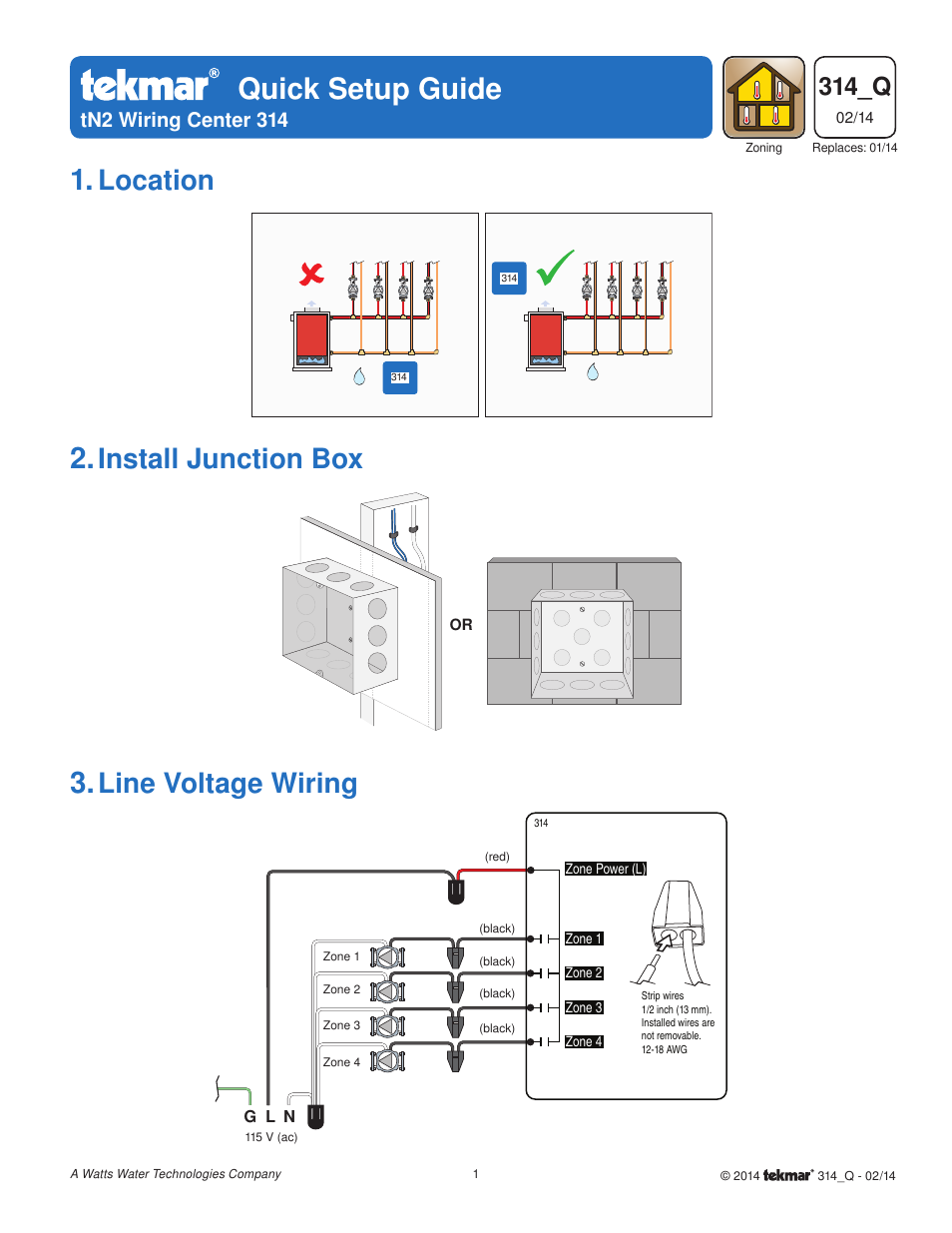 tekmar 314 tN2 Wiring Center Quick Start User Manual | 8 pages