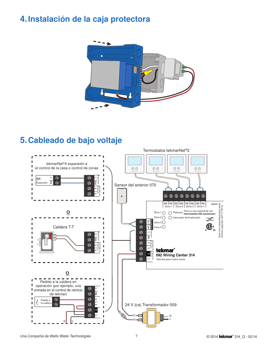 Instalación de la caja protectora, Cableado de bajo voltaje, Sensor del exterior 070 | Tn2 wiring center 314 | tekmar 314 tN2 Wiring Center Quick Start User Manual | Page 7 / 8