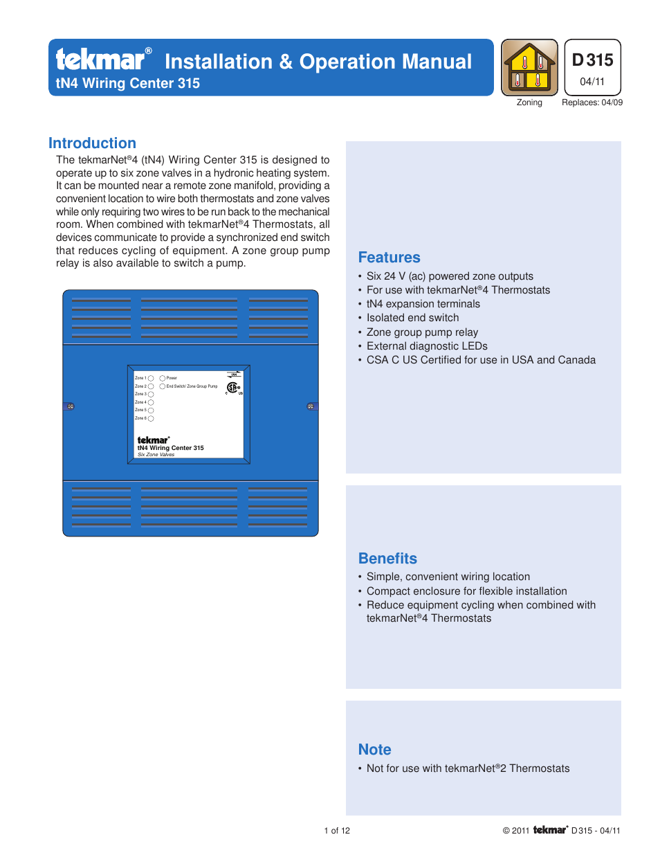 tekmar 315 tN4 Wiring Center Installation User Manual | 12 pages