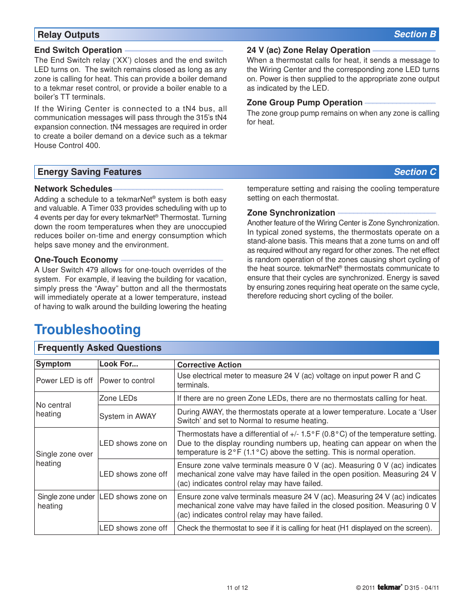 Troubleshooting | tekmar 315 tN4 Wiring Center Installation User Manual | Page 11 / 12