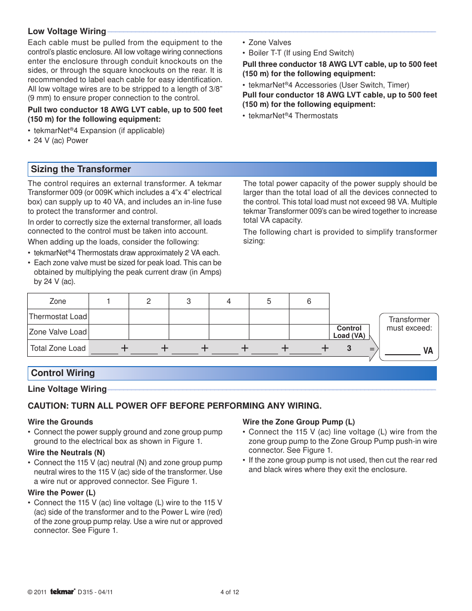 tekmar 315 tN4 Wiring Center Installation User Manual | Page 4 / 12