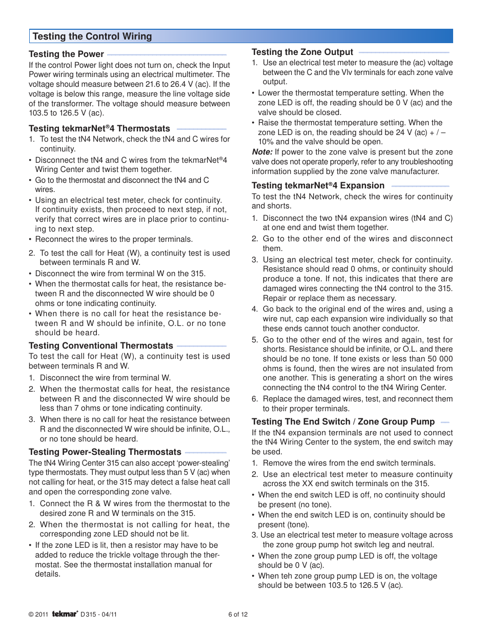 tekmar 315 tN4 Wiring Center Installation User Manual | Page 6 / 12