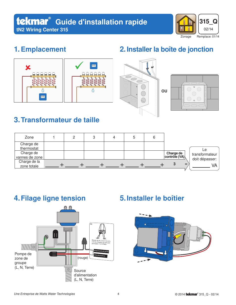 Guide d'installation rapide, Emplacement, Installer la boîte de jonction | Transformateur de taille, Filage ligne tension, Installer le boîtier, 315_q | tekmar 315 tN4 Wiring Center Quick Start User Manual | Page 4 / 8