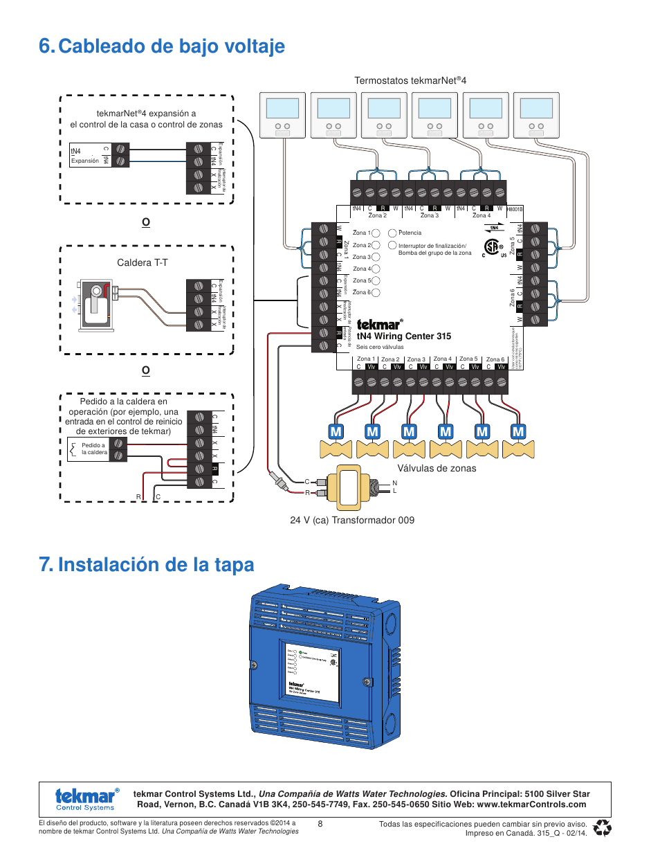 Instalación de la tapa, Cableado de bajo voltaje, Tn4 wiring center 315 | Tekmarnet | tekmar 315 tN4 Wiring Center Quick Start User Manual | Page 8 / 8