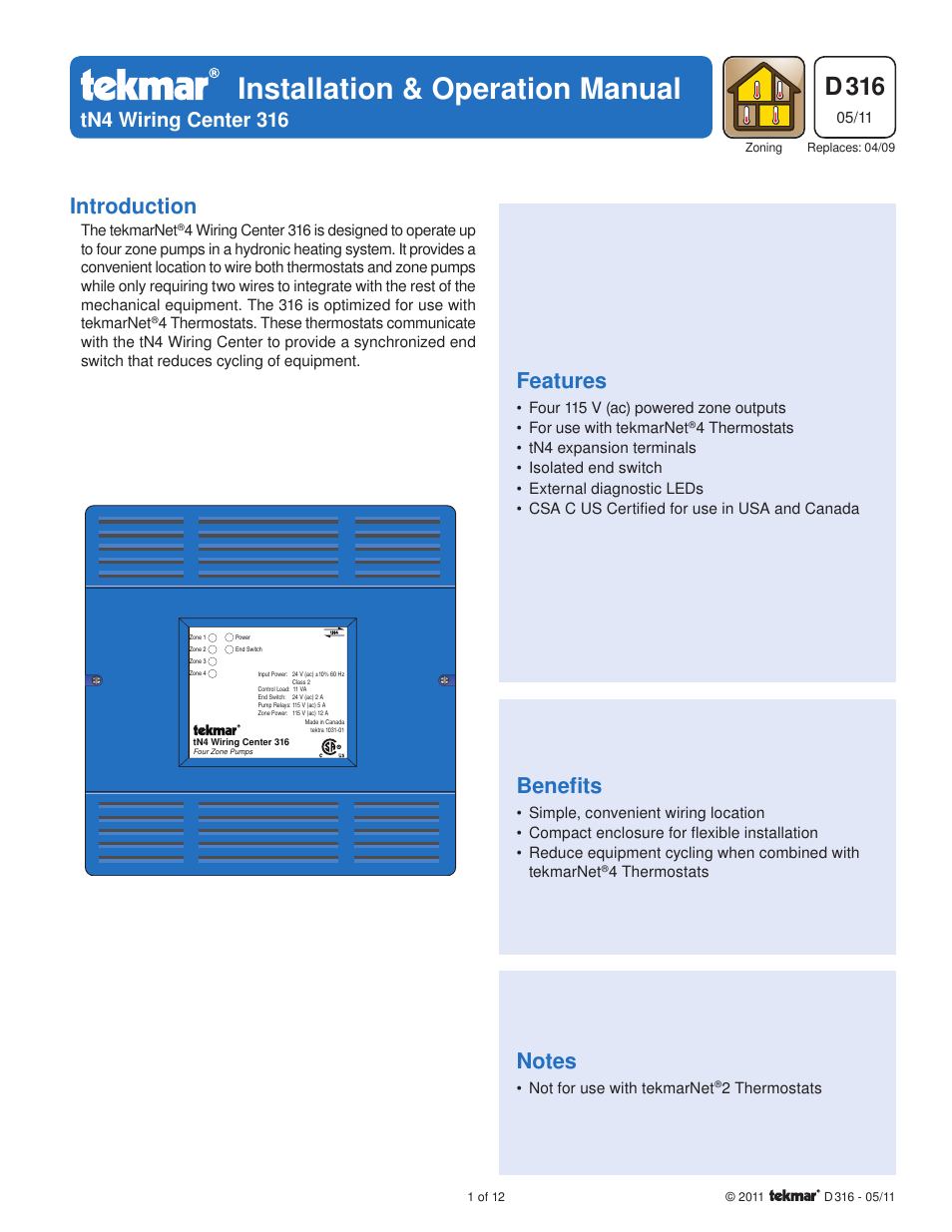 tekmar 316 tN4 Wiring Center Installation User Manual | 12 pages