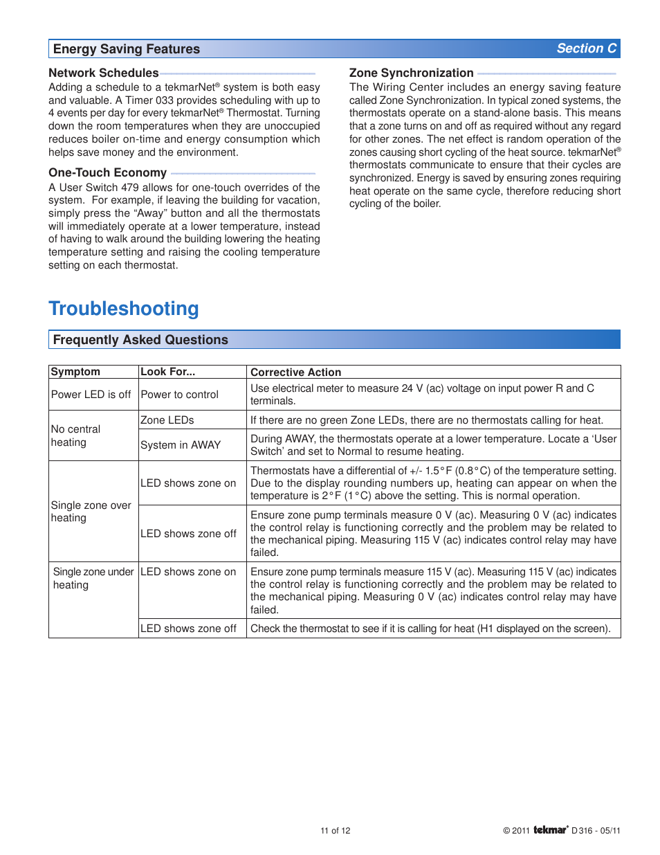 Troubleshooting | tekmar 316 tN4 Wiring Center Installation User Manual | Page 11 / 12