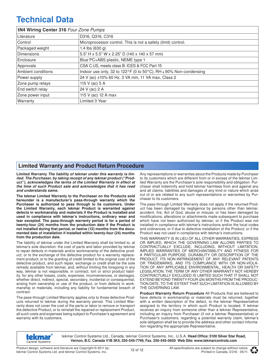 Technical data, Limited warranty and product return procedure | tekmar 316 tN4 Wiring Center Installation User Manual | Page 12 / 12