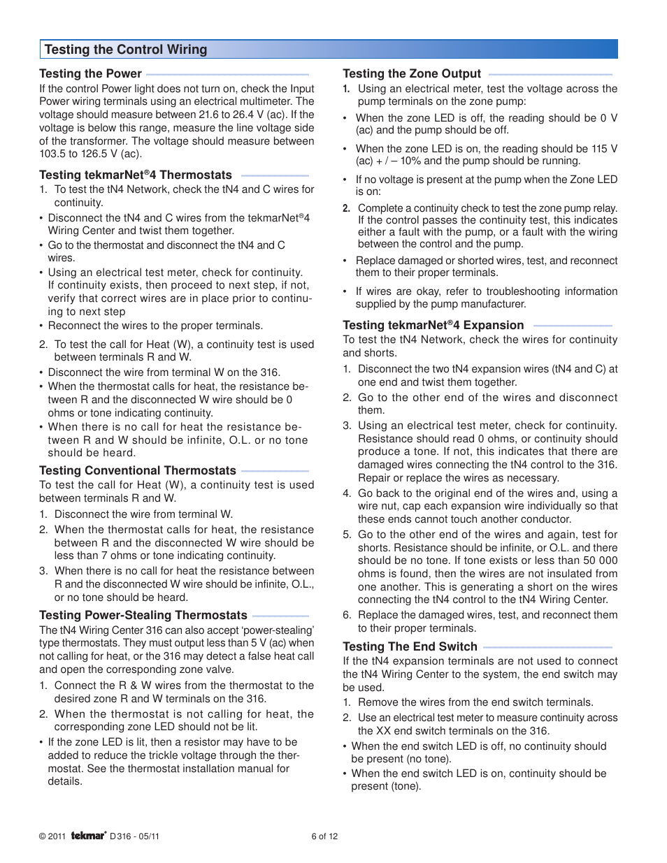 tekmar 316 tN4 Wiring Center Installation User Manual | Page 6 / 12