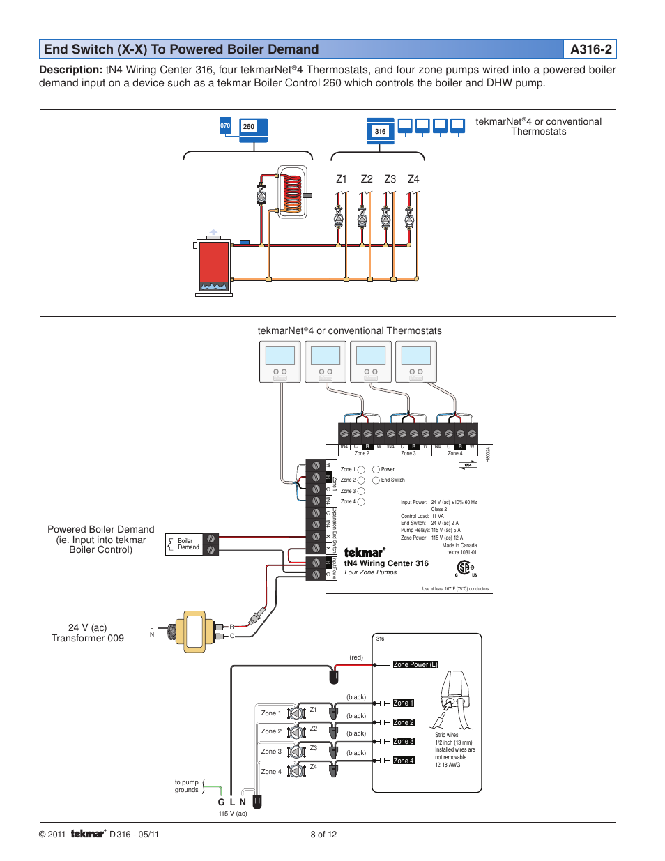 End switch (x-x) to powered boiler demand a316-2, Description: tn4 wiring center 316, four tekmarnet, Z1 z2 z3 z4 | Tekmarnet, 4 or conventional thermostats | tekmar 316 tN4 Wiring Center Installation User Manual | Page 8 / 12