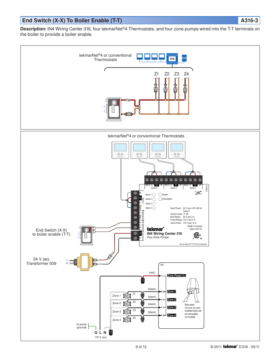 End switch (x-x) to boiler enable (t-t) a316-3, Description: tn4 wiring center 316, four tekmarnet, Z1 z2 z3 z4 | Tekmarnet, 4 or conventional thermostats tekmarnet, 4 or conventional thermostats | tekmar 316 tN4 Wiring Center Installation User Manual | Page 9 / 12