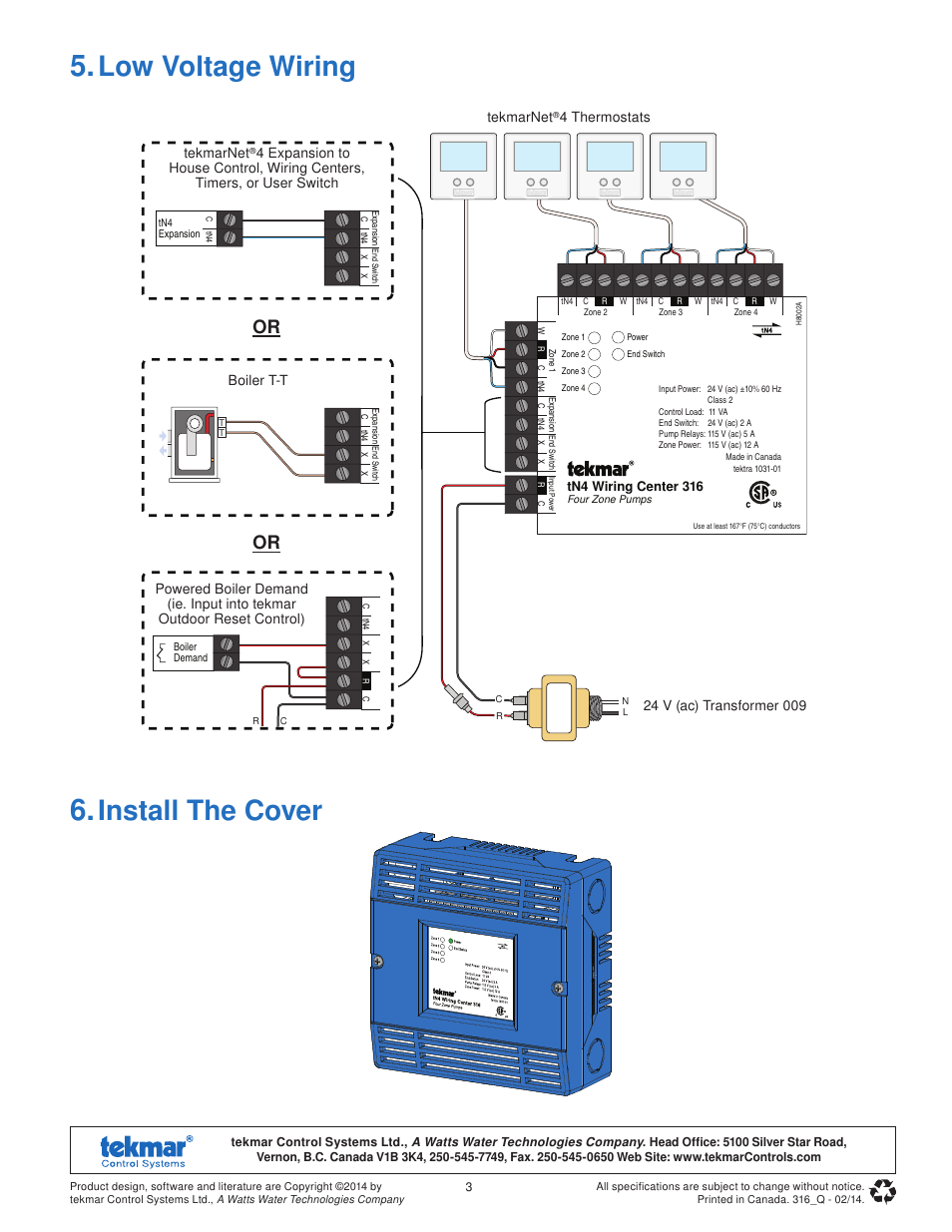 Install the cover, Low voltage wiring, 4 thermostats tekmarnet | tekmar 316 tN4 Wiring Center Quick Start User Manual | Page 3 / 8