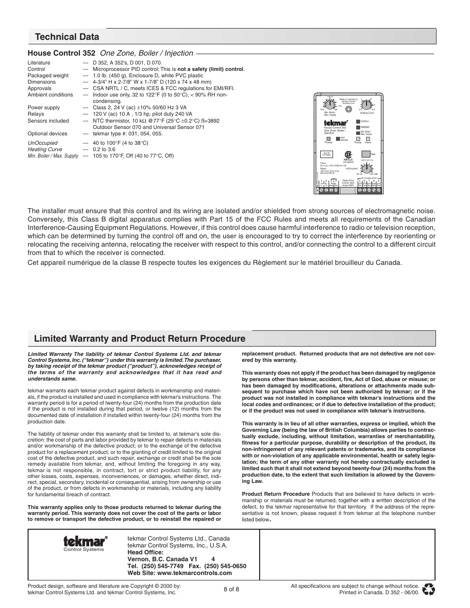 Technical data, House control 352 one zone, boiler / injection, 8 of 8 | Unoccupied, Heating curve, Min. boiler / max. supply | tekmar 352 House Control User Manual | Page 8 / 8