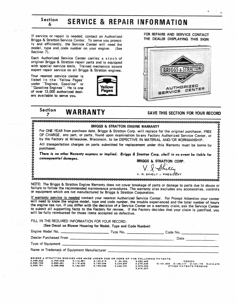 Service & repair information, Save this section for your record, Warranty | Briggs & Stratton 146400 User Manual | Page 6 / 6