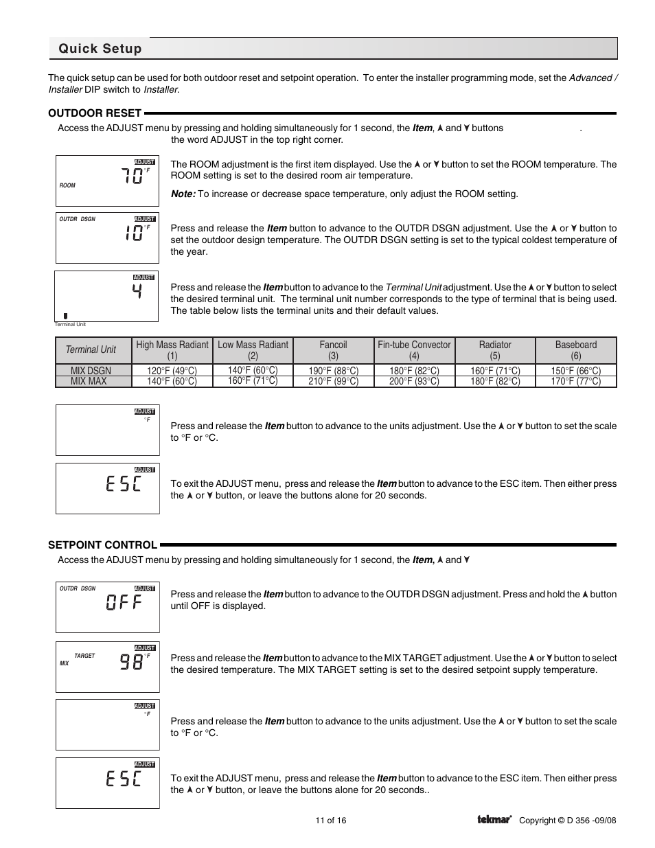 Quick setup | tekmar 356 Mixing Control User Manual | Page 11 / 16